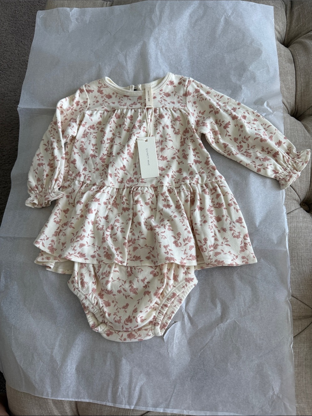 Quincy Mae Cream Dress & Bloomer Set with Pink Floral Print